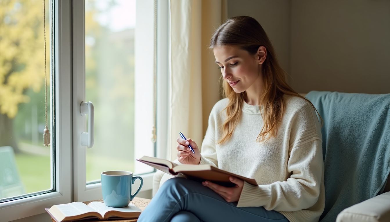 Peaceful woman journaling in morning light