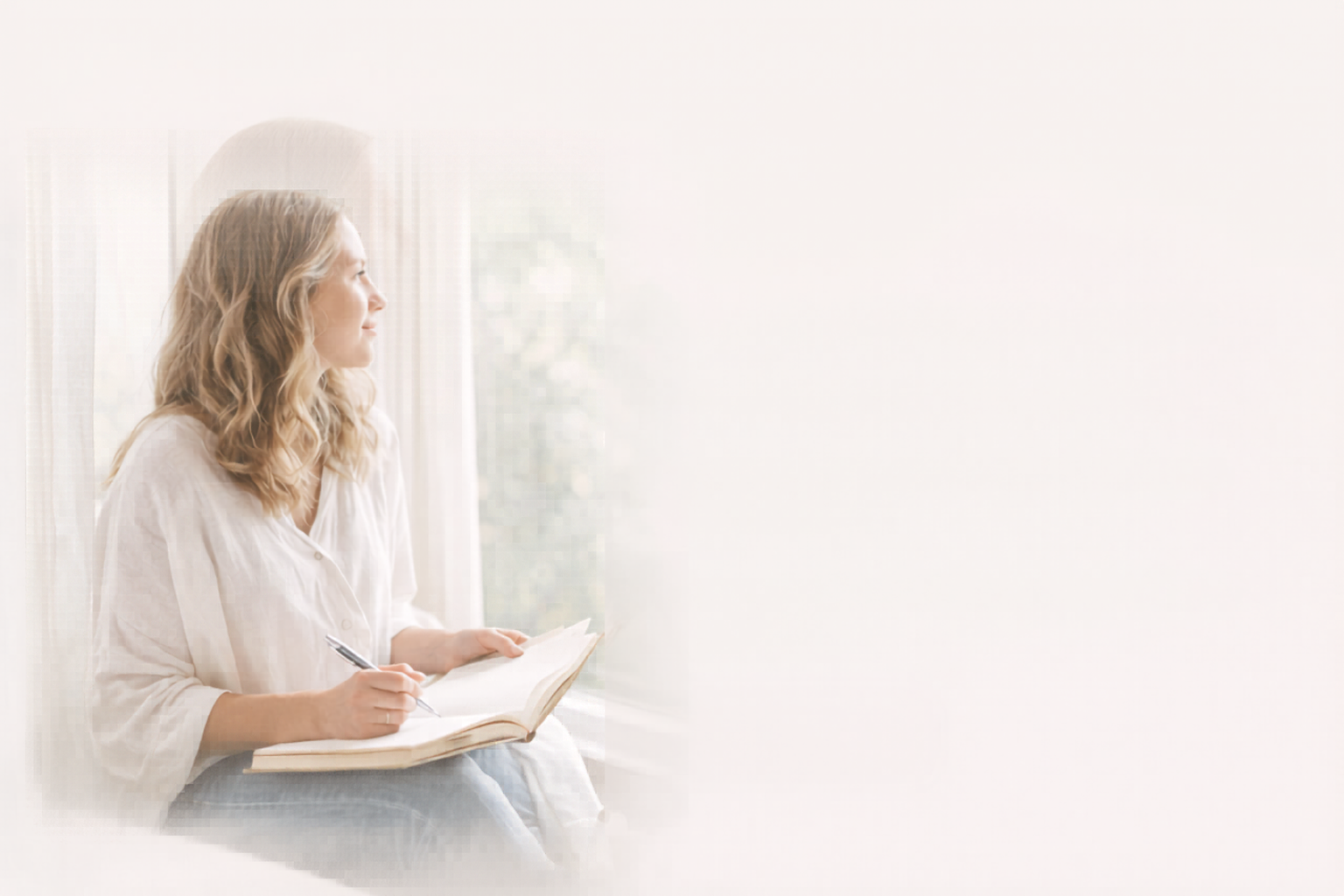 Christian woman journaling by window, reflecting on faith and personal growth”